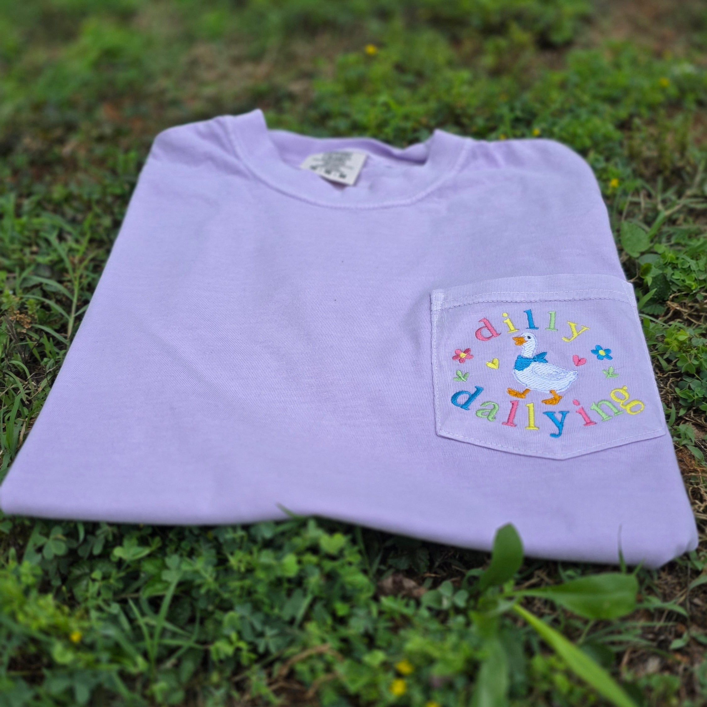 Dilly Dallying Goose Embroidered Pocket Tee | Whimsical Goose | Cottagecore