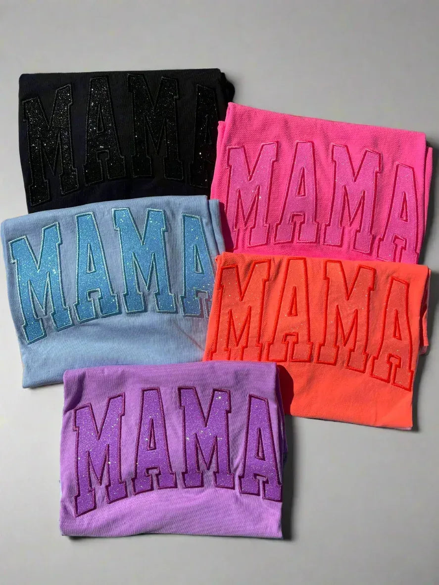 Mama Glitter Applique Embroidered Comfort Color Short Sleeve Shirt