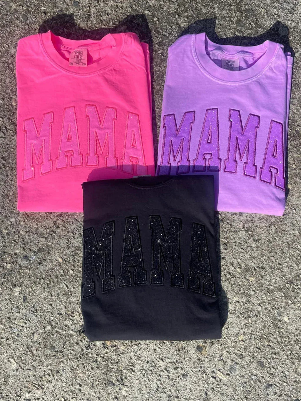 Mama Glitter Applique Embroidered Comfort Color Short Sleeve Shirt