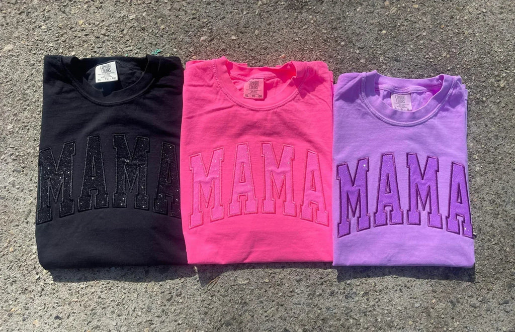 Mama Glitter Applique Embroidered Comfort Color Short Sleeve Shirt