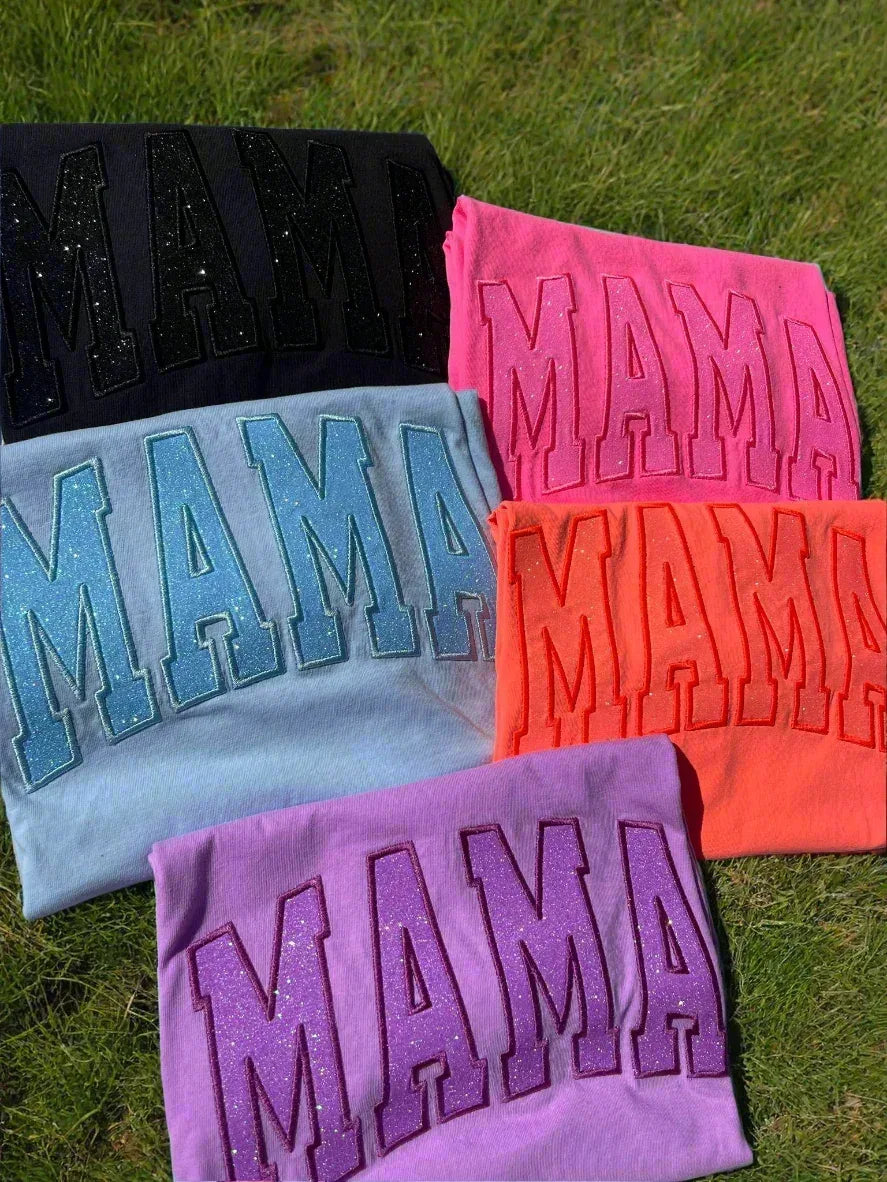 Mama Glitter Applique Embroidered Comfort Color Short Sleeve Shirt